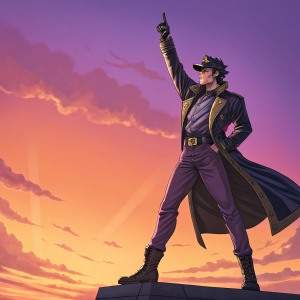 Digital artwork featuring Jotaro Kujo with Star Platinum. Dynamic pose. Gradient sunset background.