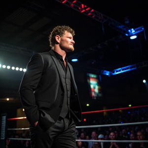 Michael Bisping, in a black suit, at a boxing hall of fame event. Curly hair, confident stance. Behind him, dimly lit audience and dim stage lights.