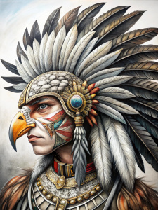 dibujo de guerrero águila  con penacho de águila prehispánico  con calavera en colores blanco y negro