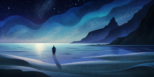 Playa a lo lejos mar oscuro con hombre dentro 