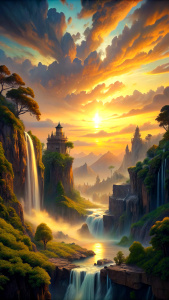 sunset, league of legends, waterfall