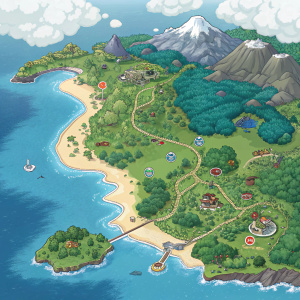 Interactive map of Hoenn, Pokémon game region. Includes landmarks, routes, and environmental features. Above-ground view.