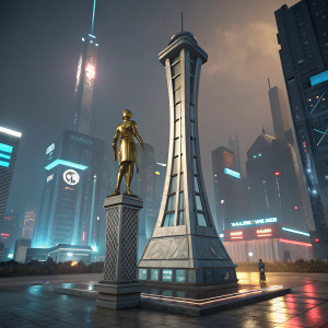 A 3D digital art render showcasing a sleek, modern metallic tower with an embedded gold statue. Cyberpunk cityscape in background.
