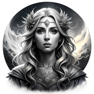 Saga, The Seer - Nordic Goddess of Sagas & Myths perfect realistic art, high-definition grey and black, white background tattoo design