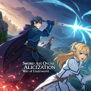 Promotional poster for Sword Art Online Alicization: War of Underworld. Characters in dynamic poses. Fantasy and sci-fi elements blend seamlessly. Rich, diverse color scheme.
