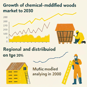 Infographic detailing the growth of chemical modified woods market from 2020 to 2030. Includes data on various product types, regional distribution, and applications. Features illustrations of workers in construction settings.