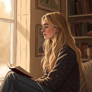 Max Cespedes's digital artwork featuring Lucy Rose. A young woman with long blonde hair and a pensive expression. Sitting by a window in a cozy room.