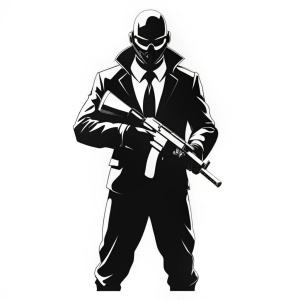 full body full black gangster man with gun full black icon, black and white, white background