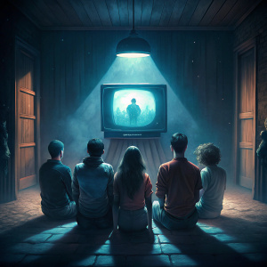 Terrorifica imagen de un grupo de amigos sentados frente a una vieja televisión en una habitación oscura. El ambiente está cargado de tensión, con sombras acechantes que se proyectan en las paredes