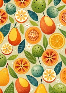 minimalist graphic pattern of fruits, using simple shapes, Modern Ukiyo-e style woodcut, maximise the negative space, vivid pastels