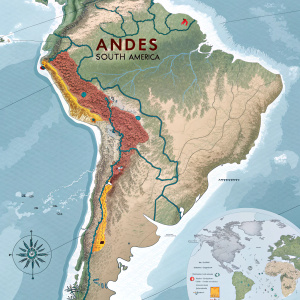 Detailed geological map of the Andes in South America. Richly annotated with labels explaining terrain features like valleys and mountain ranges. Educational focus on rock formations and tectonic activity.