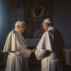 Pope Emeritus Benedict XVI and Pope Francis meet at the Sistine Chapel. Dressed in traditional ecclesiastical attire. Richly decorated interior as backdrop.