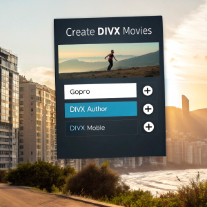 Software interface for creating DivX movies. Top header displays 'Create DivX Movies'. Options for 'GoPro', 'DivX Author', and 'DivX Mobile' prominently featured.
