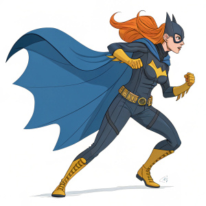 Illustration of Barbara Gordon as Batgirl, orange hair, blue cape, muscular build, dynamic pose.