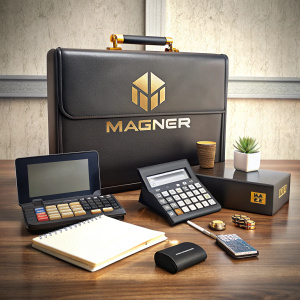 Photorealistic image (1920x1080, 300 dpi):  Business style: Money counting machine Attache case with code MEGA Gold pen (optional) Table with papers, pen, calculator Magner logo on the wall (center) Realistic, Professional: Soft diffused light left/top Business, minimalistic Focus on realism and profitability Magner advertising campaign: Presentation for potential clients Gold (code MEGA, Magner logo)