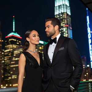 Cara Santana and Jesse Metcalfe, both in formal attire, posing for a magazine spread. The background is a bright cityscape at night.
