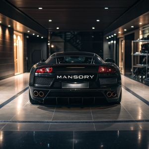 Mansory logo displayed on a sleek black sports car. Glossy finish, parked in a luxurious garage with dim lighting