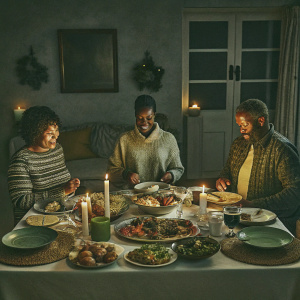 Ezekiel Elliott and his parents, Dawn and Stacy, celebrating at a family dinner. Dinner table in foreground
