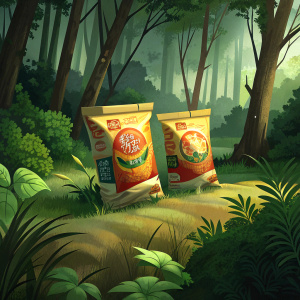 instant noodles packs on the forest floor