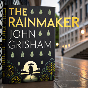 Book cover for 'The Rainmaker' by John Grisham. Bright yellow title on black background. Raindrop-like design