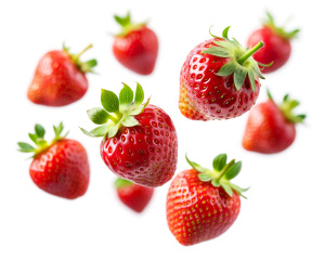 Falling strawberries  isolated on white background