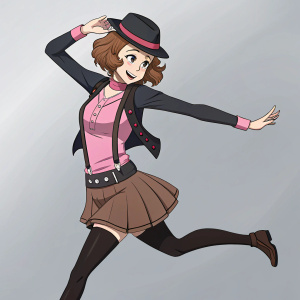 Haru Okumura from Persona 5, captured in a vibrant pose, showcasing her energy and charm. Dressed in a black fedora, black vest, pink top, brown belt, skirt, and black stockings. Set against a plain gray background, highlighting her intricate outfit details.