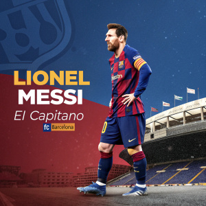 Digital artwork celebrating Lionel Messi as 'El Capitano' for FC Barcelona. Bold use of team colors and branding