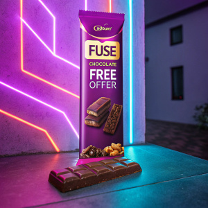 Ad for Cadbury Fuse chocolate bar featuring a free offer. Neon background
