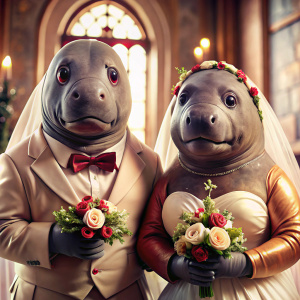 2 manatees macho y jembra marihuanos con ojos rojos casandose en el altar vestidos de novia y novio estilo cartoon