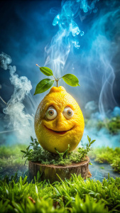 Lemon turning into a realistic funny face with facial expressions, large photo, leaf, grass, moss, greenery, smoke, blue fog, water, drops.