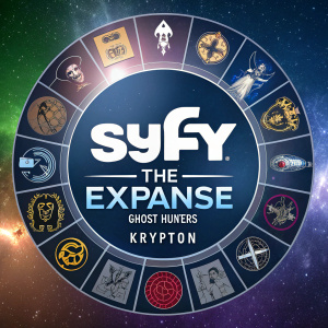 Promotional poster featuring the Syfy network. Diverse array of sci-fi and fantasy show logos surrounding the prominent Syfy logo in the center.