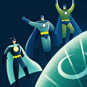 Dynamic illustration of Justice League characters in unique poses. Dark background. Comic book style art