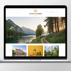 Homepage of Acqua di Parma. Prominent logo, slideshow of nature and products, navigation links, and brand introduction section.