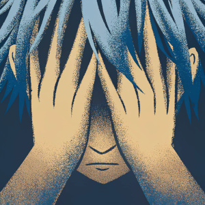 Digital illustration featuring Shigaraki from 'Boku no Hero Academia'. Hands covering face. Dark background highlighting blue hair