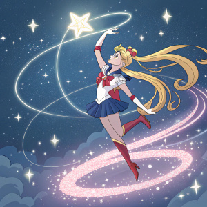 Sailor Moon in transformation sequence, surrounded by mystical energy and starry backgrounds.