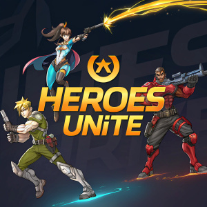 Overwatch characters in dynamic pose. Vibrant colors against dark background. Prominent text: 'Heroes Unite'