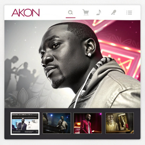 Homepage of Akon's official site. Prominently features Akon's face. Video player showcasing his music videos. Release details for new albums. Store section for merchandise.