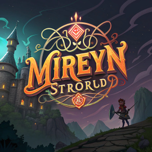 Digital artwork for 'Mireyn: Strong World', a video game. Vibrant logo with fantasy elements. Angular, stylized font on dark background.