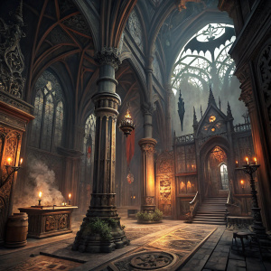 A detailed 3D model of a gothic interior from Batman: Arkham City. Richly decorated with intricate carvings and dimly lit. Featuring towering columns, firelight, and an overall eerie ambiance.