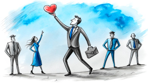 A sketch of a strategic businessman leading with the heart, black and white
