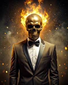 effect, photoshop action, realistic golden skull with human body in tuxedo gold on head, flames of fire, sparks, dust, explosion, effect, quality xd, 