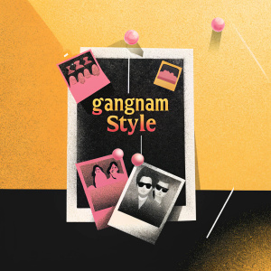 Promotional poster for 'Gangnam Style' movie featuring a vibrant collage on a corkboard. The poster uses a mix of bright yellow and other bold colors to capture the essence of the film's energetic vibe.
