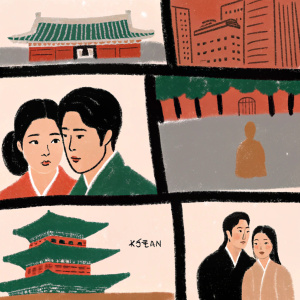 Montage of scenes from a popular Korean drama. Traditional palaces and modern cityscapes, interwoven with close-ups of actors. Korean subtitles displayed