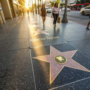 Golden star honoring Katharine Hepburn on the Hollywood Walk of Fame, gleaming in sunlight, set against a concrete backdrop.