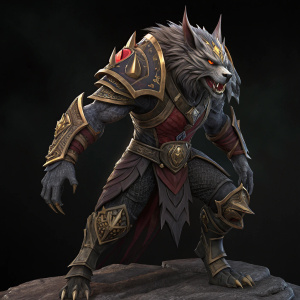 3D model of Warwick from League of Legends. Detailed armor and intricate designs. Dark fantasy theme, black background