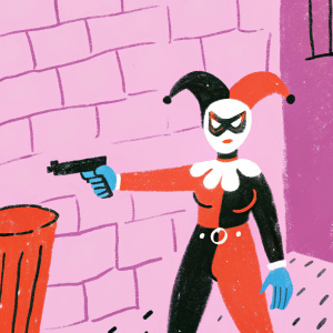 Harley Quinn, iconic DC villainess, holding a pistol with fierce determination. Dark alley setting