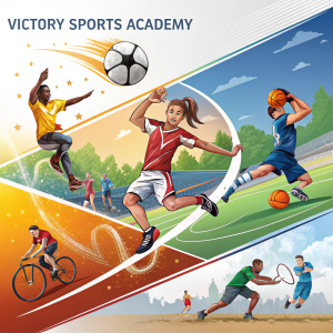 Promotional banner for Victory Sports Academy. Image showcases diverse group of athletes, vibrant colors, and dynamic sports action shots.