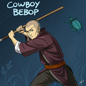 Artist's rendering of a Cowboy Bebop character. Shaved head, dynamic pose with a long wooden staff. Insect-like creature in the background. Dark blue backdrop with artist's signature