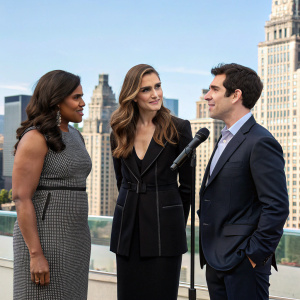 Mindy Kaling, Allison Williams, and Chris Messina at a press conference. They stand in front of a cityscape backdrop, all dressed formally.