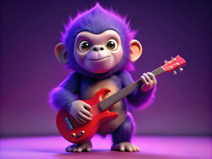3d purple baby chimp with a little red guitar